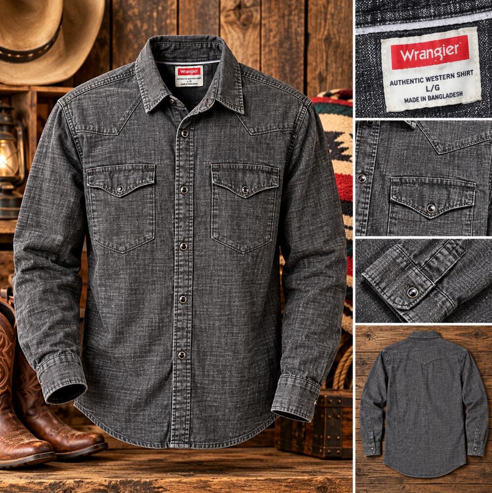 Wrangler Western Shirt Mens L Black Chambray Pearl Snap Cotton Cowboy Workwear